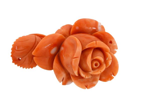Natural Coral Rose with Leaf Hand-Carved