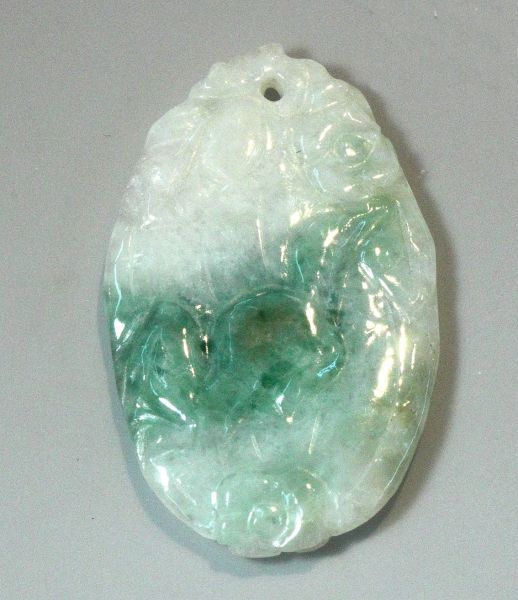 Natural Green & White Jadeite Hand-Carved Pendant - Squirrels on Gourd