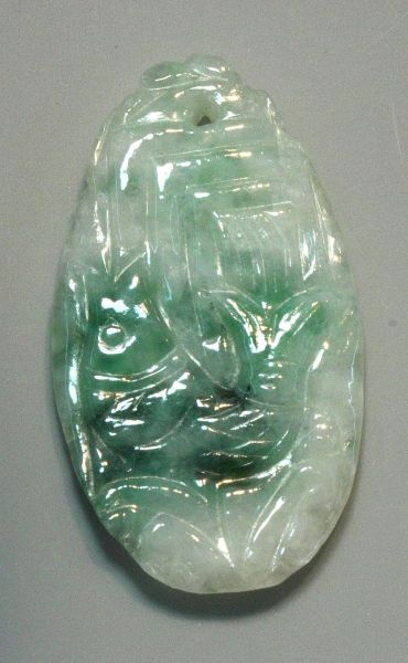 Natural Green & White Jadeite Hand-Carved Pendant - Fish and Gourd