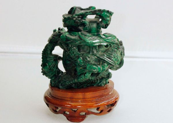 Malachite Hand-Carved Statue - Dragon & Phoenix