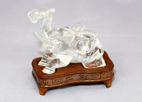 Crystal Quartz Hand-Carved  Statue - Elephant with Raised Tusk and Septer