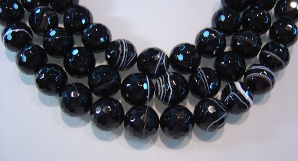 18mm Faceted Rounds Black Onyx Beads with White Stripes