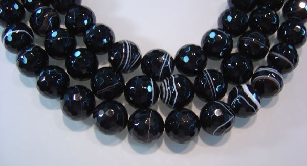 Black Onyx Beads with White Stripes Faceted Round Bead Strands - 18mm