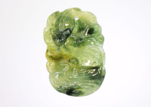Natural Jadeite Hand-Carved Pendant - Duck with Fruit Bat
