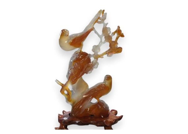 Agate Hand-Carved Statue - Birds on Flowers