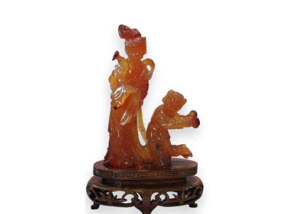 Carnelian Agate Hand-Carved Statue - Woman with Child Holding Peaches