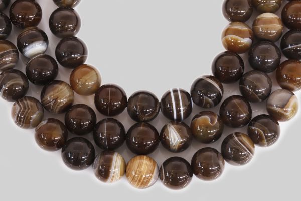 Brown Striped Agate Smooth Round Beads