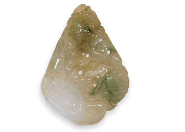 Natural Jadeite Hand-Carved Pendant -  Fish with Lotus Flower