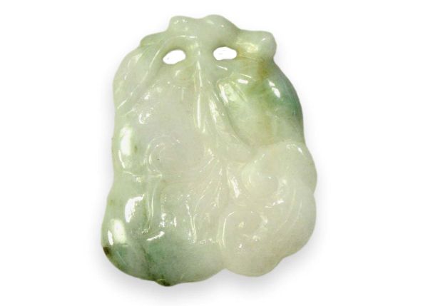 Natural White & Green Jadeite Hand-Carved Pendant - Gourd with Lucky Fruit Bat 