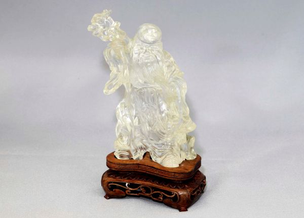 Crystal Quartz Hand-Carved Statue - Lohan with Gourd & Staff
