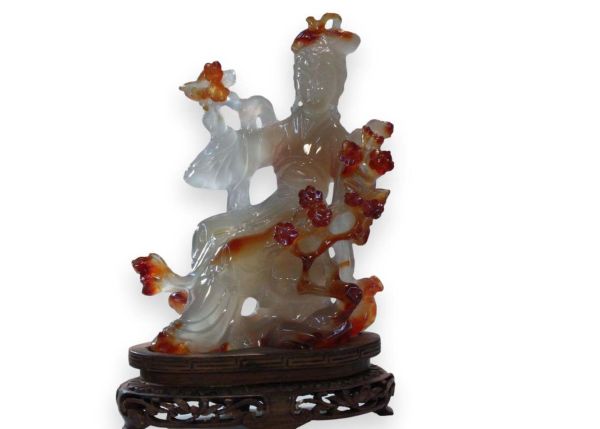 Agate Hand-Carved Statue - Seated Beauty with Flowers
